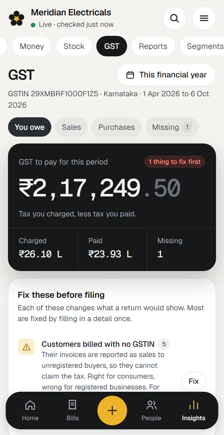 Extolly showing the sample company: gst figures ready before the due date. At phone width.