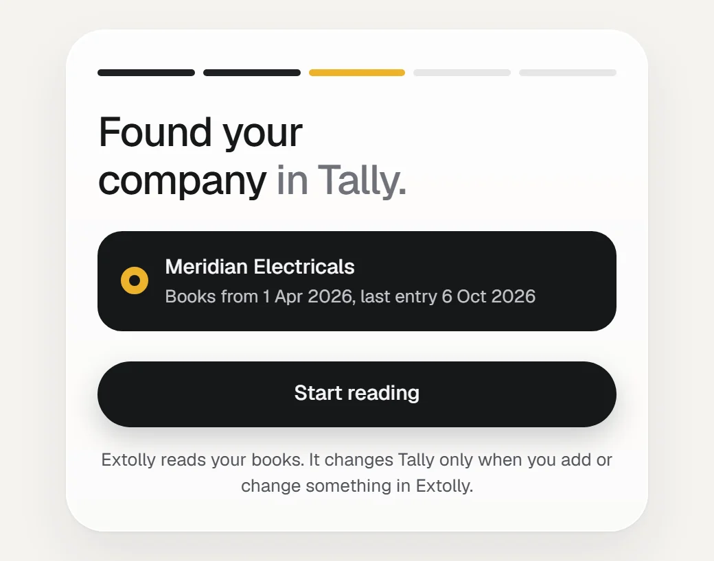 Extolly's set-up screen listing the company it found open in Tally.