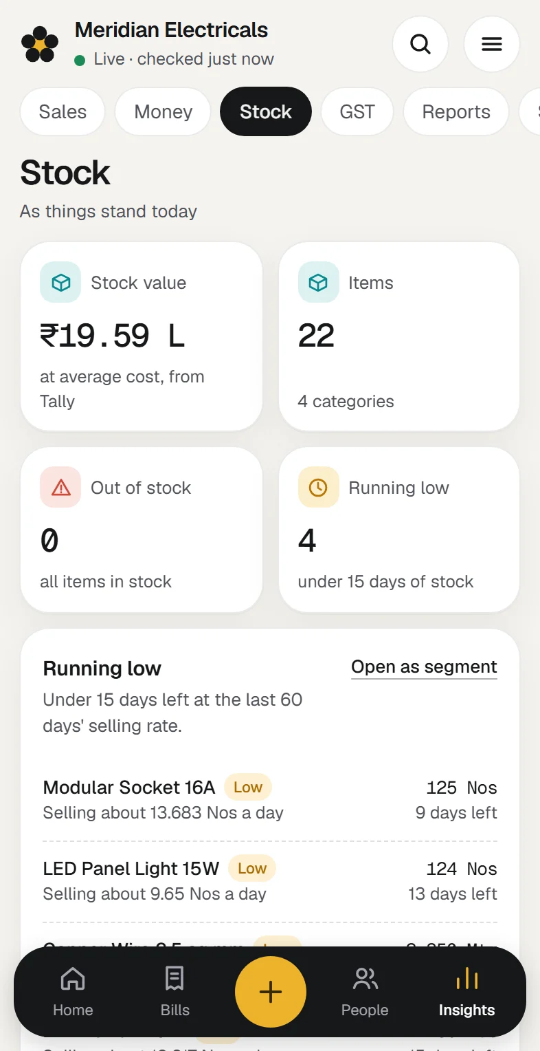 Extolly showing the sample company: reorder before you run out. At phone width.