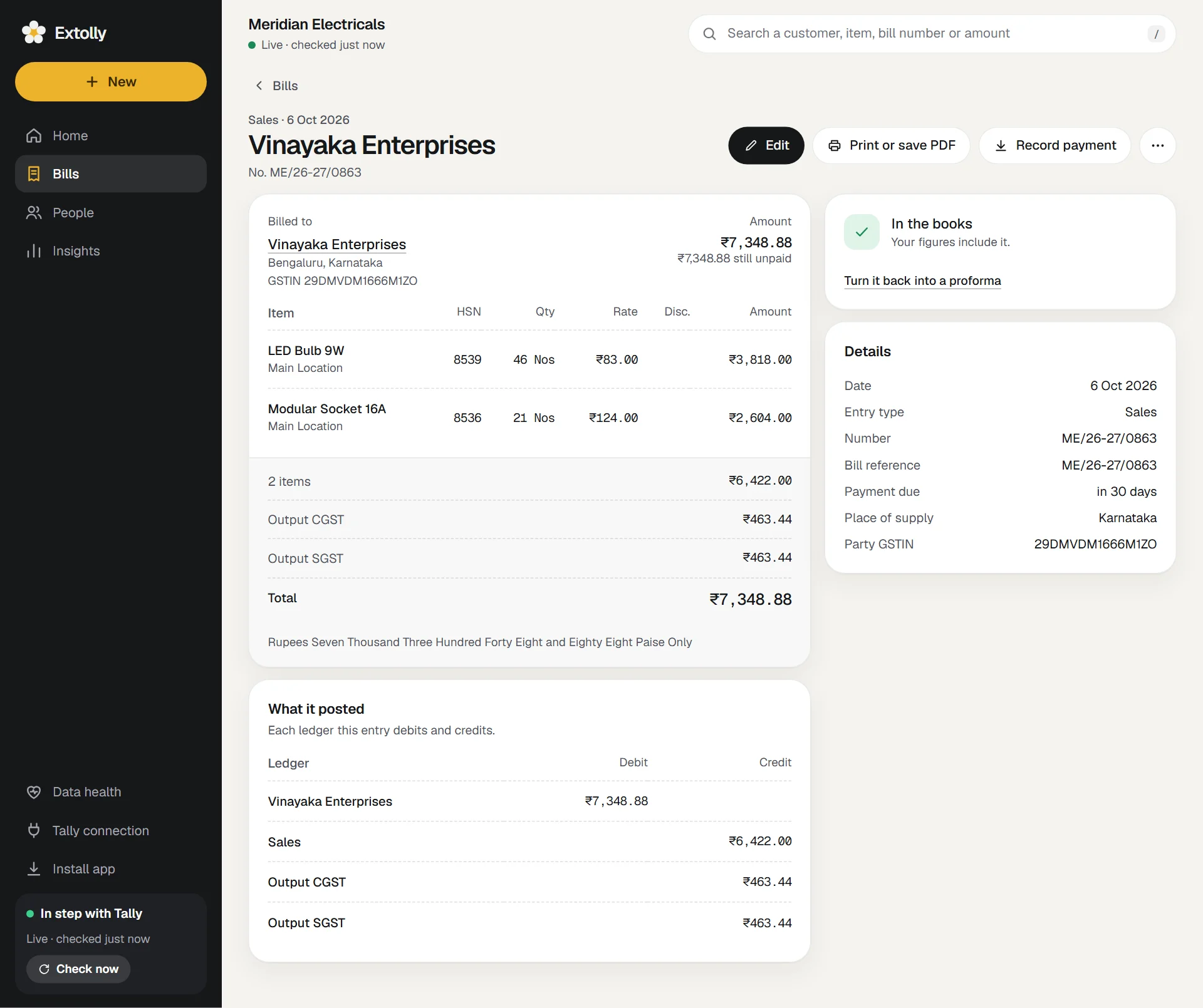 One sales bill opened: who it was billed to, its items, tax and total, and what it posted