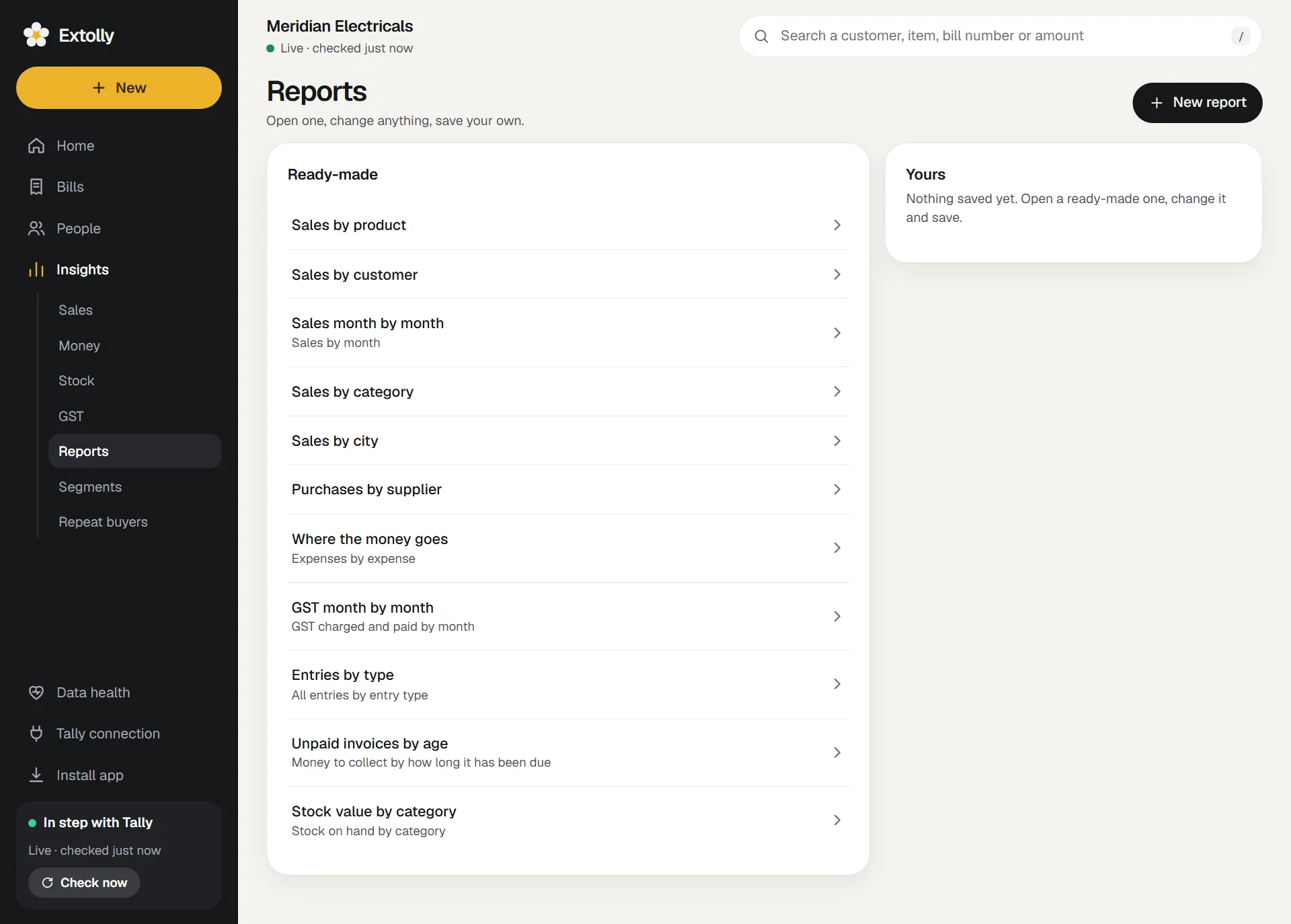 The Reports list: eleven ready-made reports and the ones you have saved