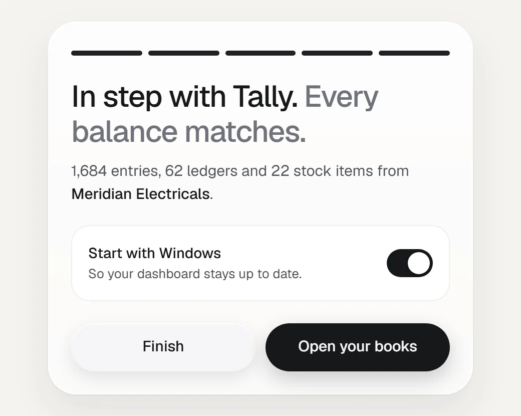 The finished screen: In step with Tally, every balance matches